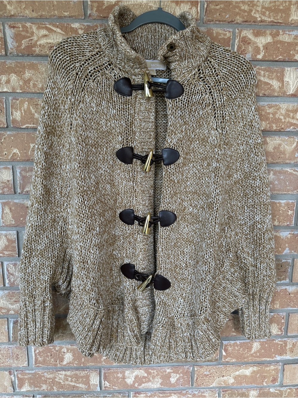 Michael Kors Toggle Knit Cardigan Sweater Tan White Medium